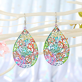 Ethnic Leaf Iron Hook Earrings with Printed Hollow Water Drop Design