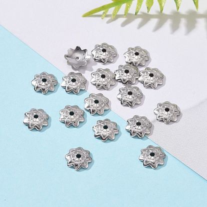 304 Stainless Steel 8-Petal Flower Bead Caps, 7x1.5mm, Hole: 1mm, about 1000pcs/bag