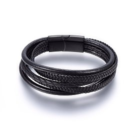 Кожаный шнур многожильных браслеты, с 304 из нержавеющей стали магнитной застежкой, прямоугольные