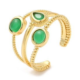 Rack Plating Brass Triple Line Open Cuff Rings, Natural Green Onyx Agate Teardrop Ring, Lead Free & Cadmium Free