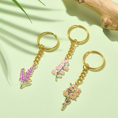 Alloy Enamel Flower Pendant Keychains, with Iron Keychain Ring, Golden