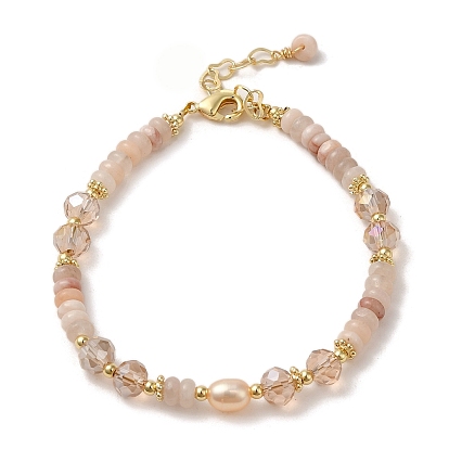 Natural Pearl & Pink Aventurine Beaded Bracelets, with Brass Clasps