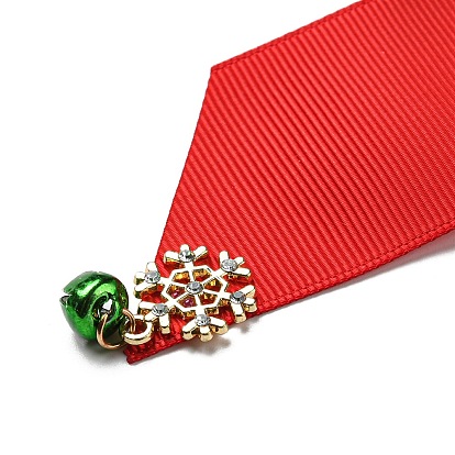 Christmas Polyester Ribbon Bowknot Safety Pin Brooch, with Alloy Rhinestone Snowflake & Bell, Iron Pin