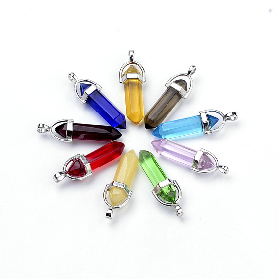 Glass Pointed Pendants, with Alloy Findings, Bullet, Platinum