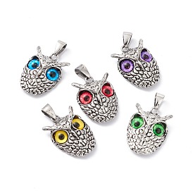 Retro Punk Alloy Pendants, with Glass, Owl with Evil Eye
