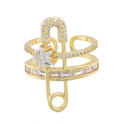 Clear Cubic Zirconia Safety Pin with Star Open Cuff Ring, Brass Chunky Thick Ring for Women
