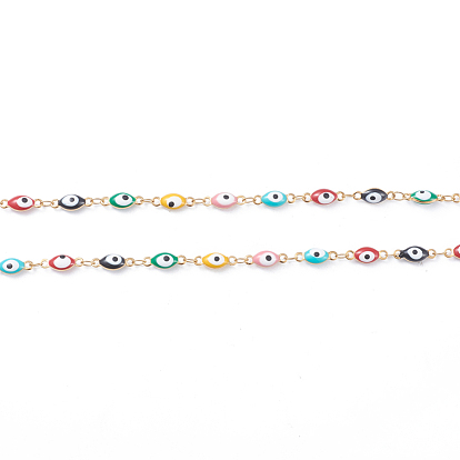 304 Stainless Steel Link Chains, with Enamelled Sequins, Soldered, Oval and Eye