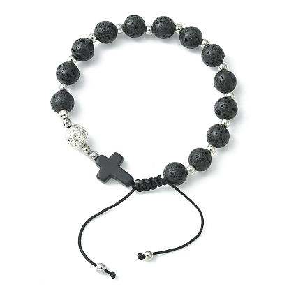 Gemstone Round & Cross Braided Bead Bracelets, Adjustable Nylon Cord Bracelets for Women