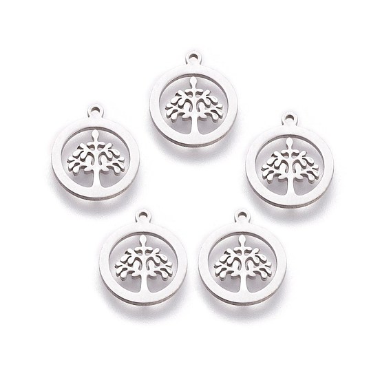 304 Stainless Steel Charms, Flat Round with Tree of Life