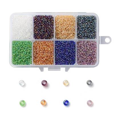 200G 8 Colors 12/0 Grade A Round Glass Seed Beads, Transparent Colours Rainbow