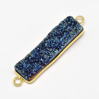 Rectangle Electroplated Natural Druzy Crystal Agate Links Connectors, with Golden Plated Brass Findings, 40~45x10~13x5~9mm, Hole: 2mm