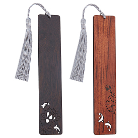 PandaHall Elite 2Pcs 2 Colors Lotus Engraved Wood Bookmark for Book Lover, Vintage Rectangle Bookmark with Hollowed Fish and Tassel