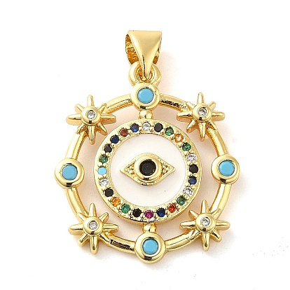 Real 18K Gold Plated Brass Clear Cubic Zirconia Pendants, with Enamel and Glass, Flat Round with Evil Eye