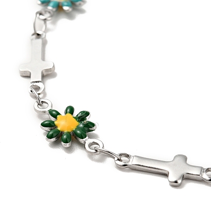 Pulsera de cadena con eslabones cruzados y flores esmaltadas, 304 joyas de acero inoxidable para mujer