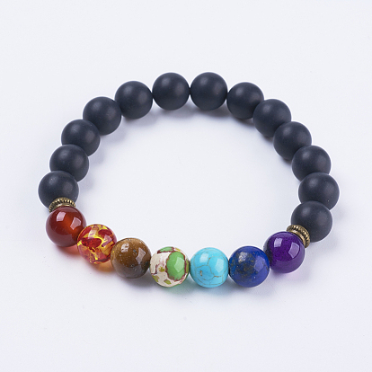 Natural Frosted Black Agate Stretch Bracelets, with Mixed Stone and Alloy Findings