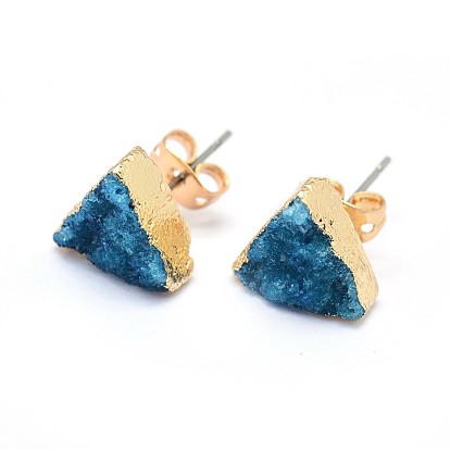 Natural Druzy Quartz Crystal Stud Earring, with Brass Findings, Triangle