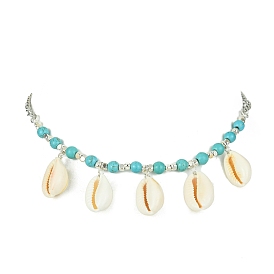 Natural Shell Bib Necklace, with Synthetic Turquoise Beaded Chains