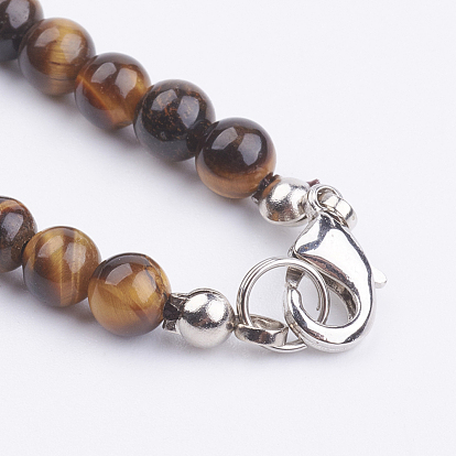 Natural Tiger Eye Beaded Necklaces, with Brass Lobster Claw Clasp