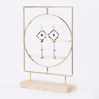 Rotating Iron 3-Tier Earring Display Stand, for Hanging Dangle Earring, with Wooden Pedestal