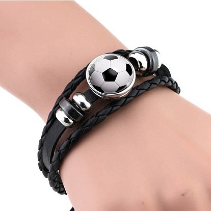 Ensemble de bijoux de football en verre, bracelets et porte-clés multi-brins triple couche en cuir pu, avec les accessoires en alliage