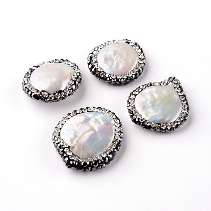 Natural Shell Beads, with Polymer Clay Rhinestone, 19~24x16~20x4~6mm, Hole: 0.5mm