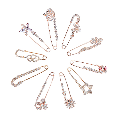Alloy Rhinestone Safety Brooch, Mixed Shapes