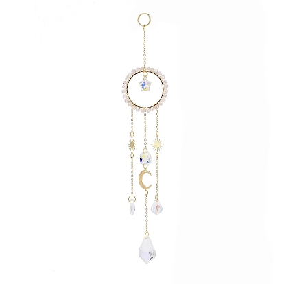 Natural Gemstone Woven Net/Web with Feather Window Hanging Suncatchers, Golden Brass Tassel Pendants Decorations Ornaments