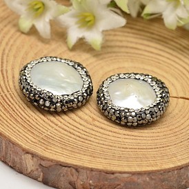 Flat Round Shell Pearl Beads, with Polymer Clay Rhinestones, 21~26x6mm, Hole: 1mm