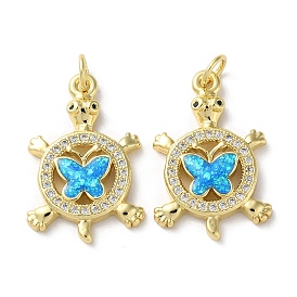 Brass Micro Pave Clear Cubic Zirconia Pendants, with Synthetic Opal and Jump Ring, Real 18K Gold Plated, Round with Butterfly