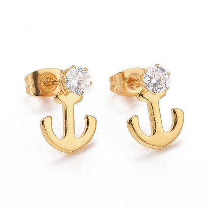 Anchor 304 Stainless SteelStud Earrings, with 316 Stainless Steel Pin & Glass Imitation Cubic Zirconia