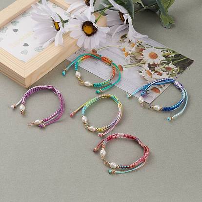 Adjustable Polyester Braided Cord Bracelet Making, with Brass Beads, 304 Stainless Steel Jump Rings and Freshwater Pearl Beads