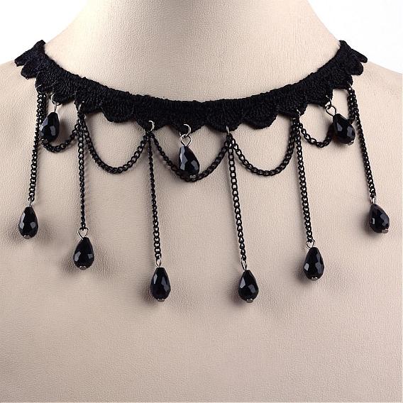 Gothic Style Vintage Lace Choker Necklaces, with Iron Chains, Glass Beads, 12.9 inch