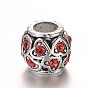 Antique Silver Plated Alloy Rhinestone European Beads, Large Hole Barrel with Heart Beads, 10x9.5mm, Hole: 5mm