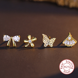 4Pcs 4 Style 925 Sterling Silver Stud Earrings Set, with Clear Cubic Zirconia, Butterfly & Flower & Leaf & Bowknot