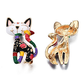 Cat with Flower Enamel Pin, Light Gold Plated Alloy Badge for Backpack Clothes, Nickel Free & Lead Free