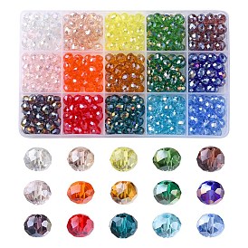 450Pcs 15 Style Electroplate Glass Beads Strands, AB Color Plated, Faceted, Rondelle