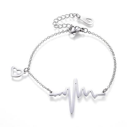 304 Stainless Steel Link & Charm Bracelets, Heartbeat, with Lobster Claw Clasps