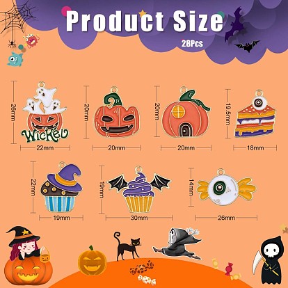 28Pcs 7 Style Halloween Alloy Enamel Pendants, Ghost Pumpkin & Pumpkin House & Candy with Eye