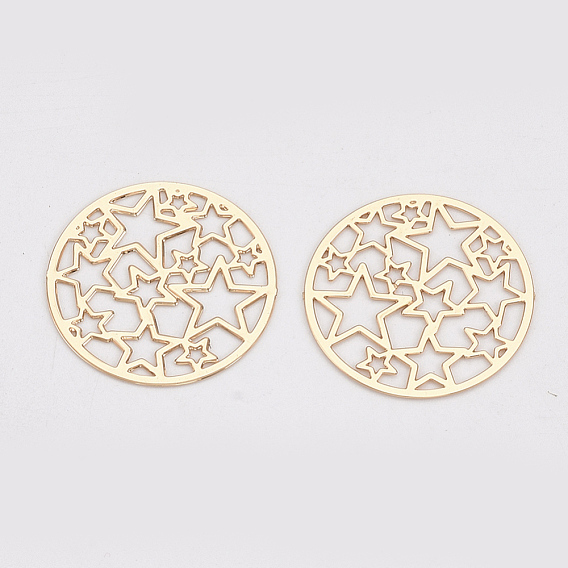 Brass Filigree Joiners Links, Etched Metal Embellishments, Long-Lasting Plated, Flat Round with Star
