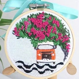 DIY Car & Flower Pattern Embroidery Starter Kit, Cross Stitch Kit Including Imitation Bamboo Frame, Carbon Steel Pins, Cloth and Colorful Threads