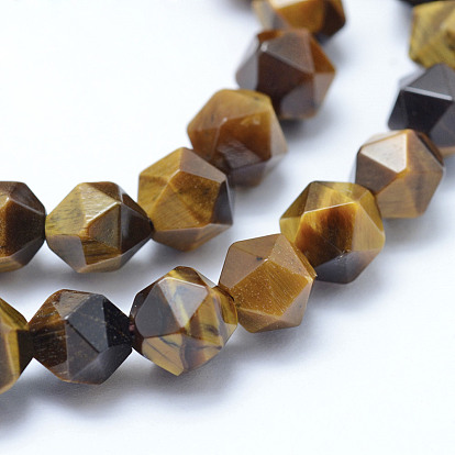 Natural Tiger Eye Beads Strands, Star Cut Round Beads, Grade A, Faceted