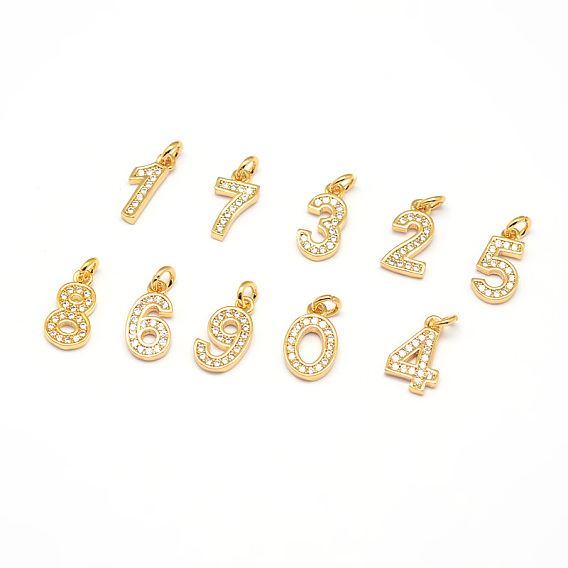 Real 18K Gold Plated Brass Micro Pave Cubic Zirconia Charms, Number 0~9, Cadmium Free & Nickel Free & Lead Free, 11x6~7x1.5~2mm, Hole: 2mm