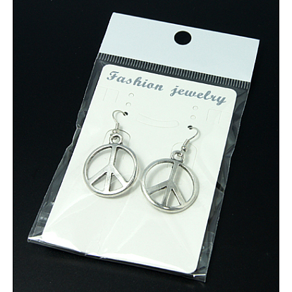 Fashion Peace Sign Earrings, with Tibetan Style Pendant and Brass Earring Hook, 44mm