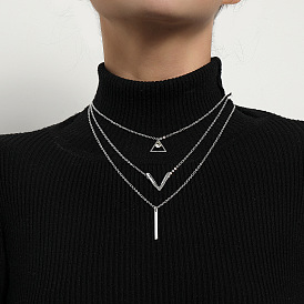 Stylish V-Shaped Rhinestone Pendant Multi-Layer Handmade Triangle Cutout Necklace