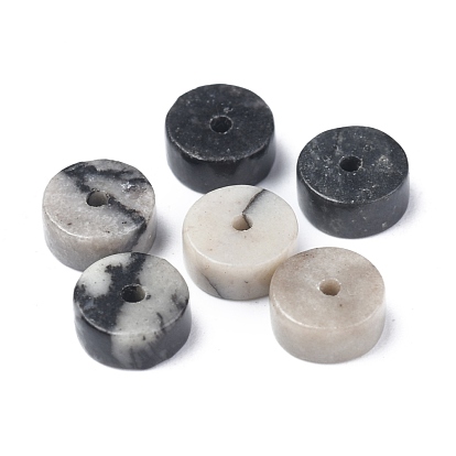 Natural Black Silk Stone/Netstone Beads Strands, Heishi Beads, Flat Round/Disc