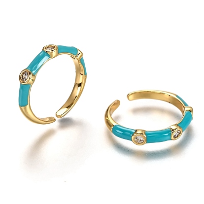 Brass Micro Pave Clear Cubic Zirconia Cuff Rings, Open Rings, with Enamel, Real 18K Gold Plated, Long-Lasting Plated