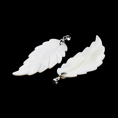 Natural Freshwater Shell Big Pendants, Leaf Charms with Platinum Plated Brass Pinch Bails