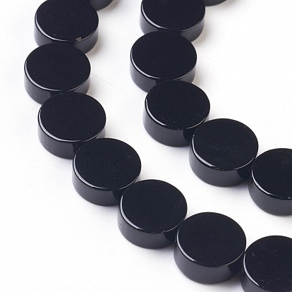 Natural Black Onyx Beads Strands, Dyed & Heated, Flat Round