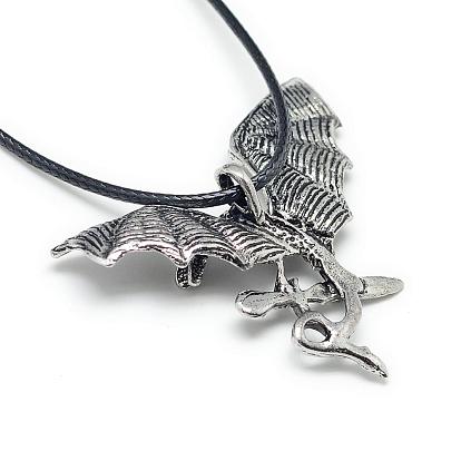 Colliers pendants d'alliage, avec cordon ciré et chaînes terminales fer, Dragon