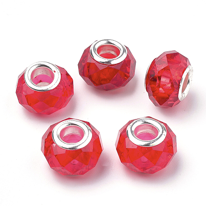 Acrylic European Beads, Large Hole Beads, with Silver Color Plated Brass Cores, Faceted, Rondelle